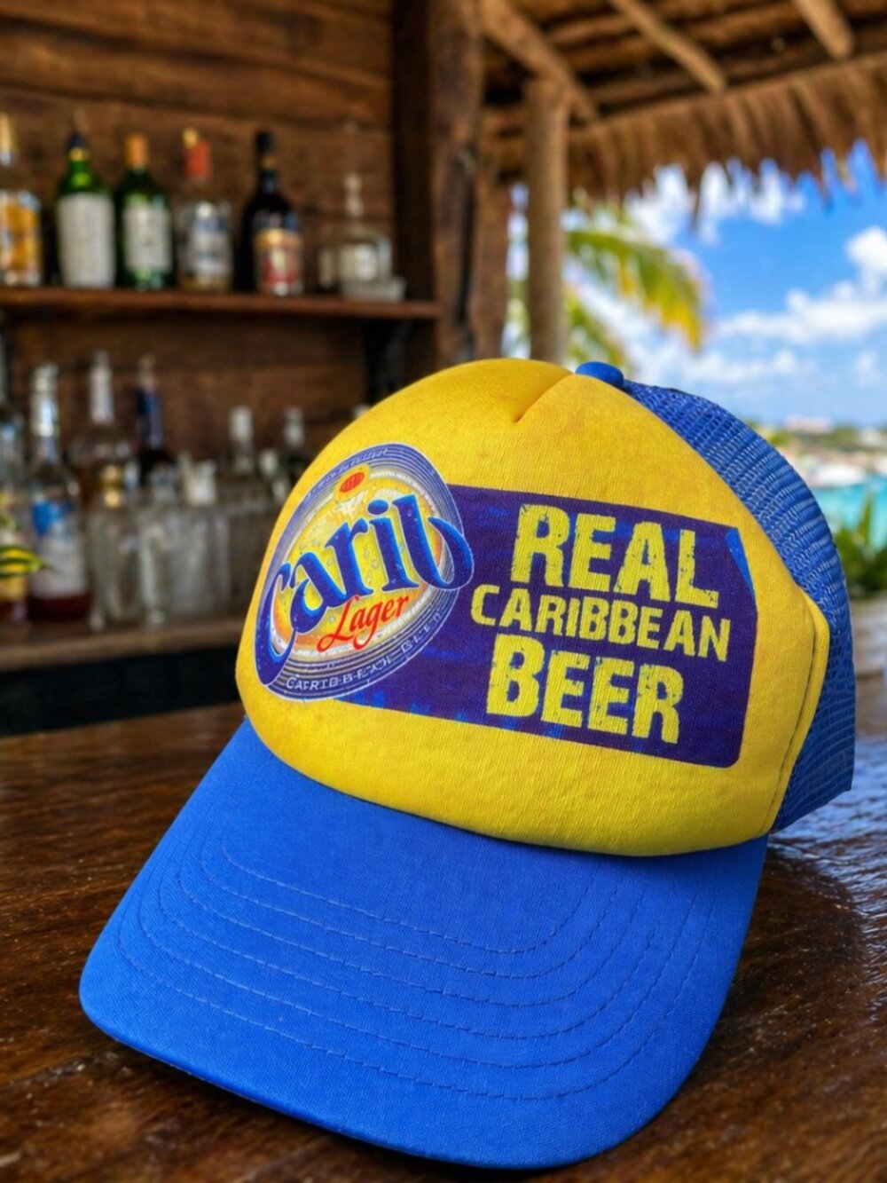 Vtg Carib Lager Real Caribbean Beer Foam Trucker Hat Blue Yellow Snapback